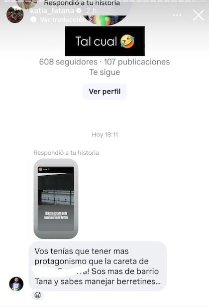 El mensaje que recibió La Tana de un seguidor y la respuesta que ella le dio por su corto protagonismo