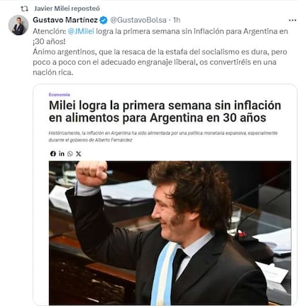 El mensaje que reposteó Javier Milei para referirse a la inflación en la Argentina