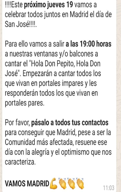 El mensaje que se viralizó en Madrid para que todos salgan al balcón a cantar