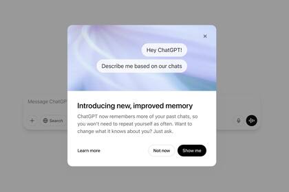 El mensaje que verán los s de ChatGPT cuando tengan disponible la función que recuerda todas las conversaciones que tienen con la IA