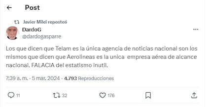 El mensaje sobre Télam que compartió Milei