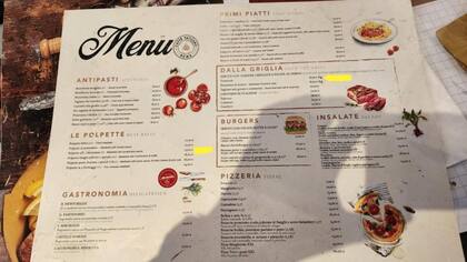 El menú con el detalle de los precios