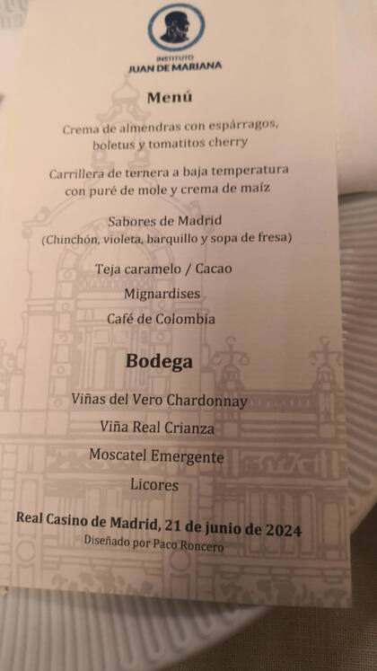 El menú con el que agasajan a Milei en el Casino de Madrid