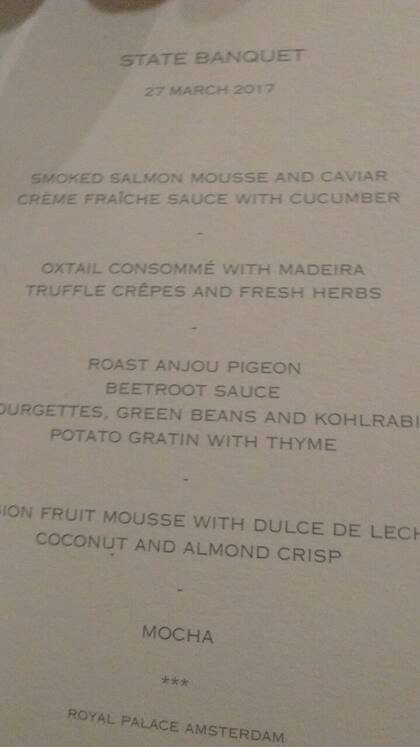 El menú de la cena de gala en el Palacio Real de Amsterdam
