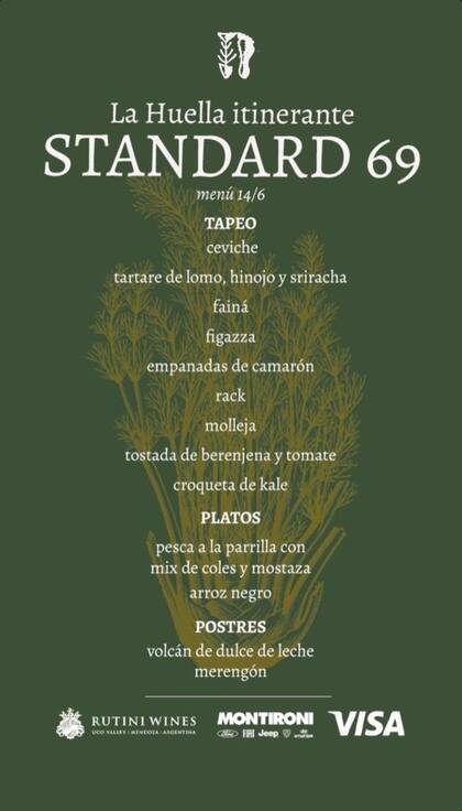 El menú para "La Huella Itinerante" en Standard 69