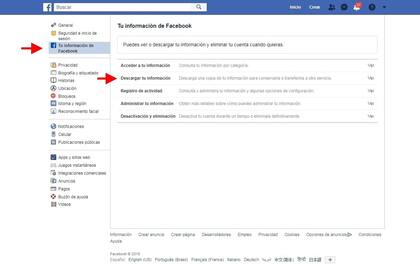 El menú Web de Facebook para descargar todos nuestro datos, incluyendo las fotos y videos