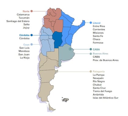 El mercado turístico argentino se divide en las siguientes siete regiones, cada una de las cuales incluye un determinado número de provincias