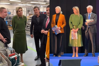 El miércoles la reina Máxima se lució con una blusa verde pino y una pollera de cuero a tono (Foto: Captura de video / Instagram @eo_blauwbloed)