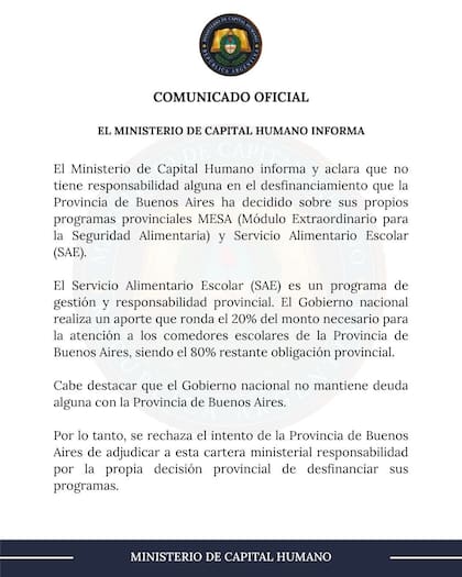 El ministerio de Capital Humano aseguró que "no mantiene deuda alguna" con la provincia de Buenos Aires