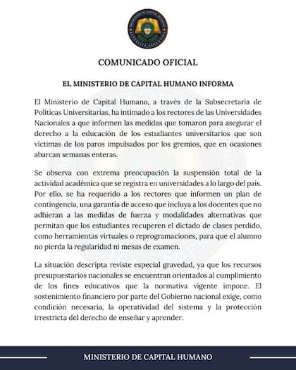 El ministerio de Capital Humano intimó a los rectores de las universidades nacionales