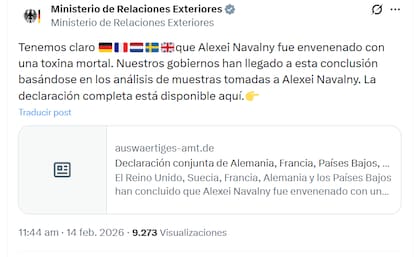 El Ministerio de Relaciones Exteriores de Alemania publicó en X una declaración conjunta con Reino Unido, Francia, Suecia y Países Bajos que confirma que el líder opositor ruso Navalny fue envenenado