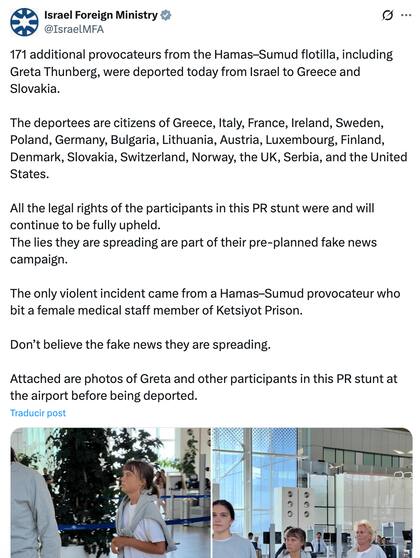 El Ministerio de Relaciones Exteriores de Israel calificó a los activistas de "provocadores" (Fuente: X)