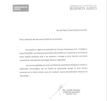 El ministerio de Salud bonaerense y la Región Sanitaria VIII publicaron un comunicado donde explican el problema de la aplicación de dosis vencidas