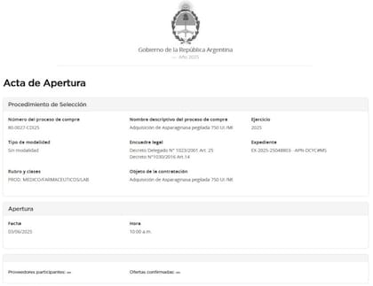 El Ministerio de Salud no recibió ofertas para una licitación por la adquisición de Asparaginasa Pegilada en junio. Quedó desierta.