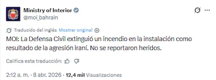 El ministreio del Interior de Bahréin informó un incendio causado por un ataque iraní