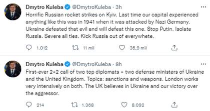 El ministro de Exteriores de Ucrania, Dimitro Kuleba, lamentó los ataques a Kiev y destacó la colaboración que está recibiendo Ucrania de parte del Reino Unido