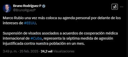 El ministro de Relaciones Exteriores de Cuba, Bruno Rodríguez, criticó las restricciones