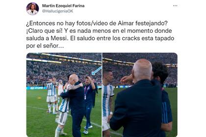 El momento en que Pablo Aimar saluda a Lionel Messi y lo tapa un miembro de la delegación