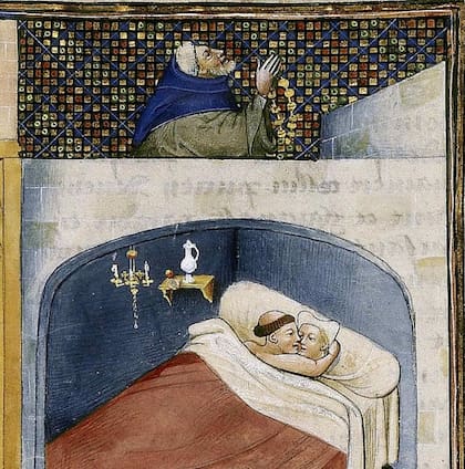 "El monje duerme con la esposa mientras el marido reza". Miniatura de Le livre appellé Decameron de Giovanni Boccaccio, década de 1460.