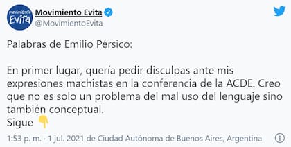 El Movimiento Evita compartió las palabras de Emilio Pérsico en Twitter