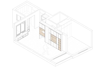 El mueble aprovecha el espacio que queda entre mochetas. Si bien de frente se ve uniforme, tiene profundidades variables según el sector.