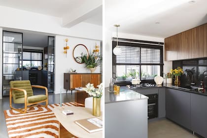 El mueble de cocina (Rob Ortiz) combina frentes de melamina ‘Gris Grafito’ y ‘Merlot’ (Faplac). Mesada y alzada de Purastone ‘Negro Glitter’. Lámpara de techo (Luminaires). Florero (Landmark). Botella (House of Gringa).