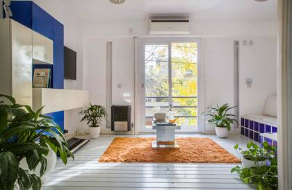 El mueble de la tele laqueado fue diseño del dueño de casa, igual que el sillón. Las plantas refrescan el ambiente.