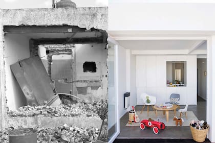 El mueble –de piso a techo y con abertura– resuelve el guardado y, a su vez, esconde el lavarropas e incluye kitchenette. Alfombra (Elementos Argentinos), mesa y silla 'Plywood' (Newton), sillón ‘Daw’ (Decodesign).