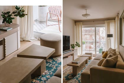 El mueble de TV a medida laqueado con tiradores enchapados fue diseñado por Camila Monge y la mesa ratona también, pero confeccionada por Casandra Estudio. La alfombra fue traída de un viaje a Montevideo