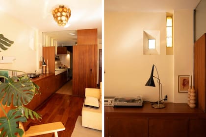 El mueble del living y el bajomesada se diseñaron desde el principio como un continuo. La lámpara de techo vintage, a tono con el diseño de época