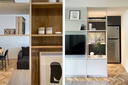 El mueble (Estudio Lesel) tiene la profundidad mínima (32cm) para contener la TV, y al otro lado servir como estantería. Se hizo en MDF enchapado de incienso natural y, en la cocina, de MDF laqueado en 'Beige Cebada' (Alba).