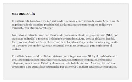 El multipremiado especial de LA NACION "Así nos habla Milei: 9 trucos del relato libertario" publica la metodología basada en inteligencia artificial utilizada