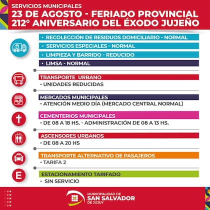 El municipio de San Salvador de Jujuy dio a conocer cómo funcionarán los servicios durante el feriado del 23 de agosto