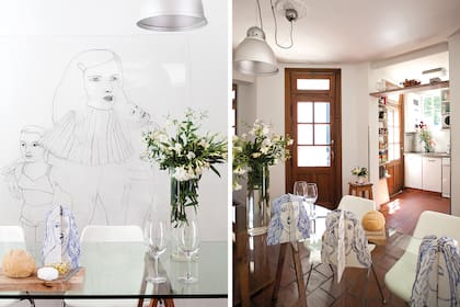 El mural en la pared es una gigantografía sobre acrílico de una obra de Pat. Se armó con una mesa formada por dos placas de vidrio de 6mm pegadas sobre caballetes, rodeada por un juego de sillas ‘Polychair’ (Manifesto).