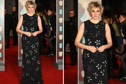 Greta Gerwig, nominada al Mejor Guión Original por Lady Bird, con vestido de Jonathan Cohen