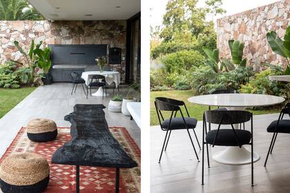 El negro unifica el sector de galería, las plantas marcan contraste con la piedra rojiza.