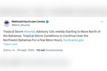 El NHC advirtió un desplazamiento de la tormenta tropical Imelda