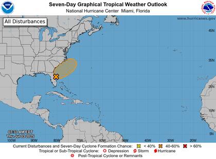 El NHC alerta sobre un sistema con 60% de probabilidad de convertirse en ciclón tropical en 7 días: aunque solo tiene 20% de desarrollo en 48 horas, llevará lluvias intensas y tormentas eléctricas prolongadas a Florida durante el 4 de julio