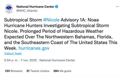 El NHC alertó sobre el paso de Nicole en Florida