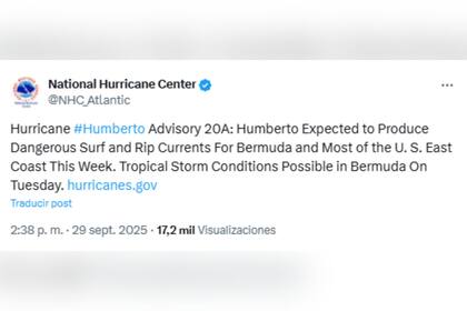 El NHC informó sobre el impacto del huracán Humberto en las Bermudas