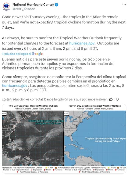 El NHC no prevé ciclones tropicales para los próximos siete días