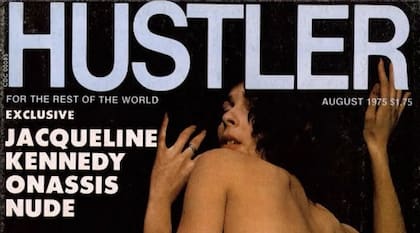 El nombre de Jacqueline Kennedy Onassis en la tapa de la revista Hustler, edición de agosto de 1975