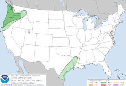 El Noroeste enfrenta un riesgo marginal de tormentas severas para la noche de este martes, según el Centro de Predicción de Tormentas (SPC)