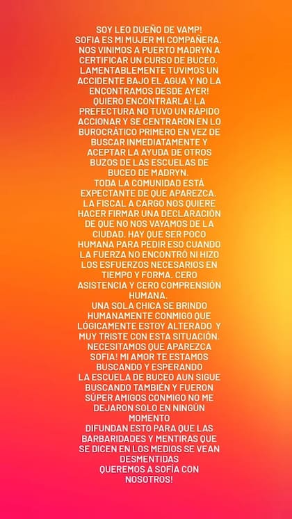 El novio de Sofía Devries publicó un mensaje con fuertes críticas a la Prefectura tras la desaparición de la joven durante un curso de buceo en Puerto Madryn