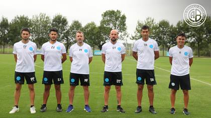 El nuevo cuerpo técnico de Belgrano: Martín Fernández (PF), Edgardo Galfioni (EA), Diego Arias (PF), Alejandro Orfila (DT), Guillermo Almada (AT), Alexis Castro (Analista de video)