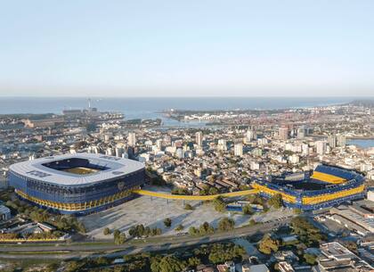 El nuevo estadio de Boca que propone Ibarra, muy próximo a La Bombonera, que permanecería tal como existe hoy.