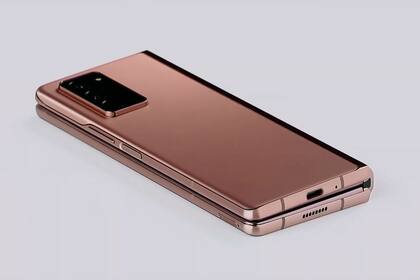 El nuevo Galaxy Z Fold2 plegado; usa el mismo bronce que la compañía eligió para el Galaxy Note20 Ultra