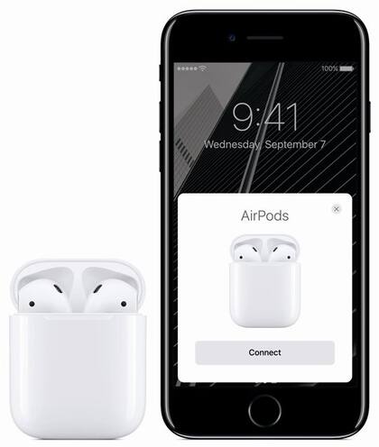 El nuevo iPhone y los Airpods; al lado, el Watch Series 2