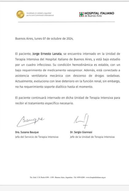 El nuevo parte de Jorge Lanata, que tuvo que ser reingresado al Italiano debido a un cuadro infeccioso