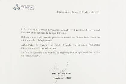 El nuevo parte médico de Alejandro Stoessel